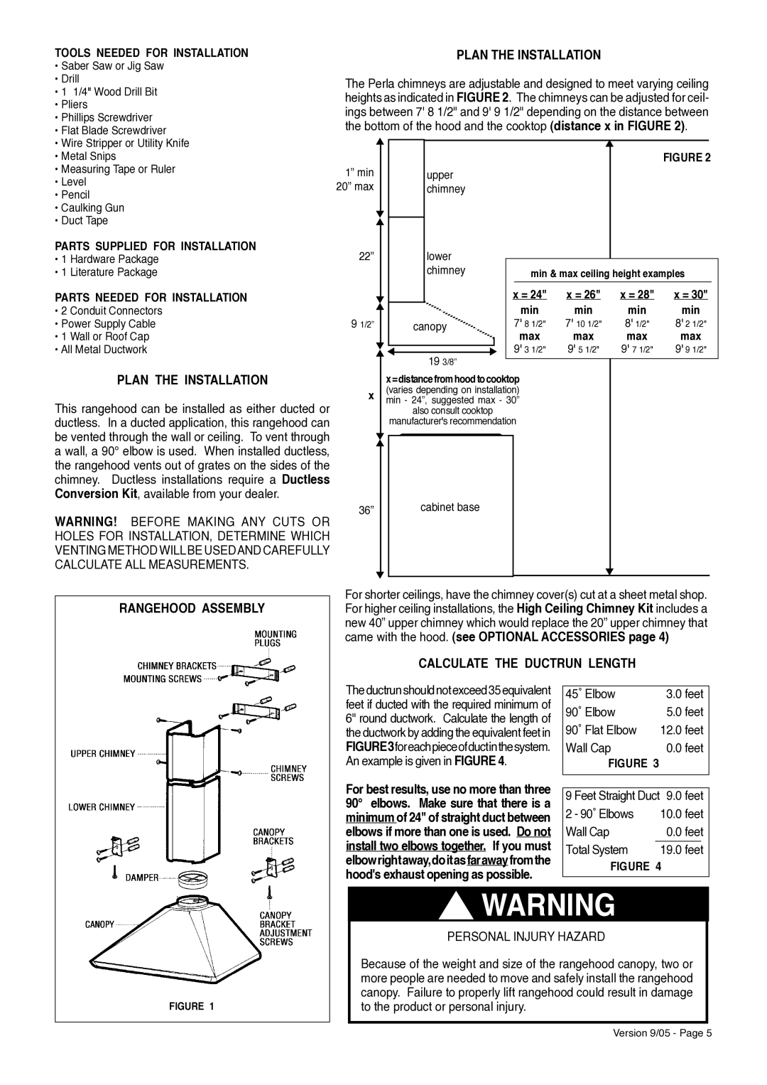 Faber Perla Plan the Installation, Rangehood Assembly, Calculate the Ductrun Length, Personal Injury Hazard 