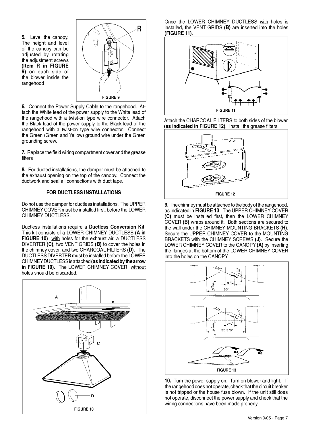 Faber Perla installation instructions Item R in on each side of the blower inside the rangehood, For Ductless Installations 