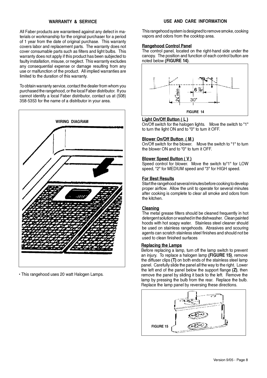 Faber Perla installation instructions Warranty & Service, USE and Care Information 