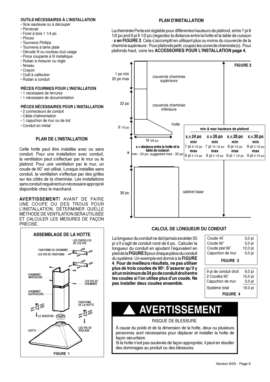 Faber Perla Plan DʼINSTALLATION, Plan DE LʼINSTALLATION, Calcul DE Longueur DU Conduit Assemblage DE LA Hotte 