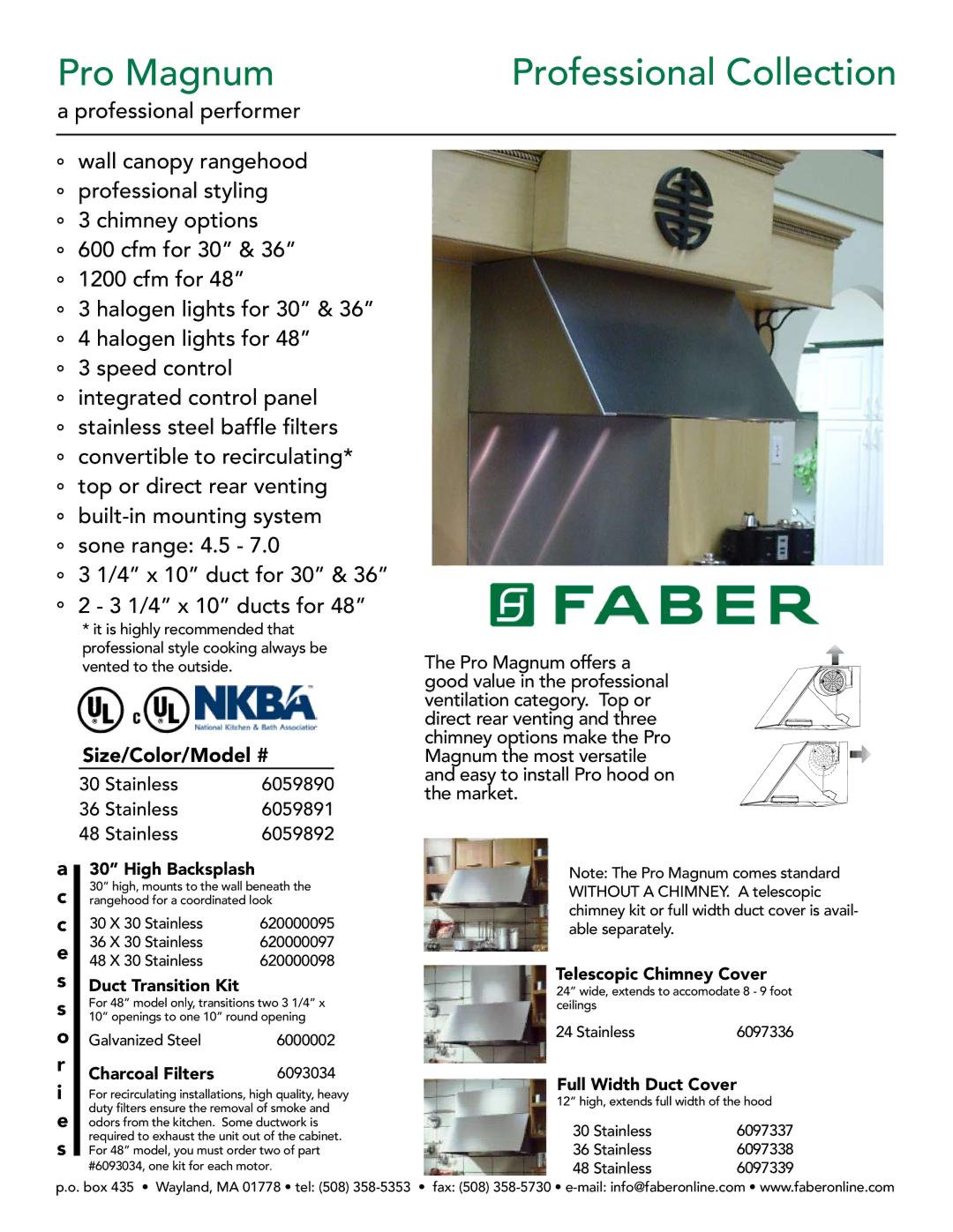 Faber Pro Magnum manual High Backsplash, Duct Transition Kit, Charcoal Filters, Telescopic Chimney Cover 