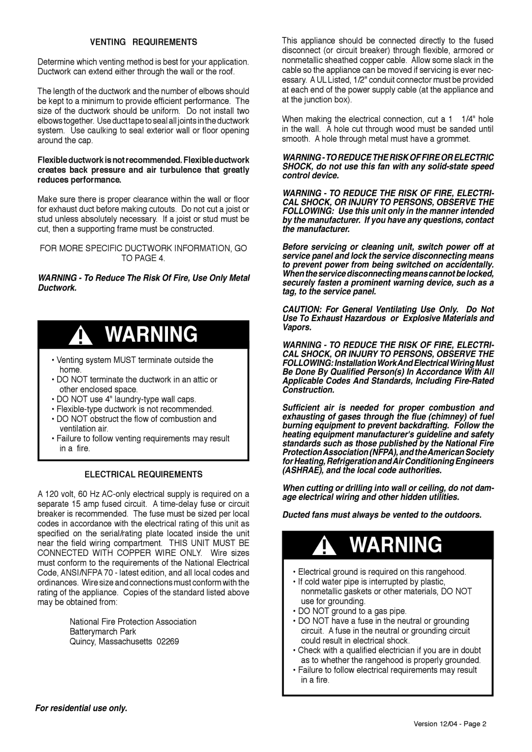 Faber PRO MAGNUMw installation instructions Venting Requirements, Electrical Requirements, For residential use only 