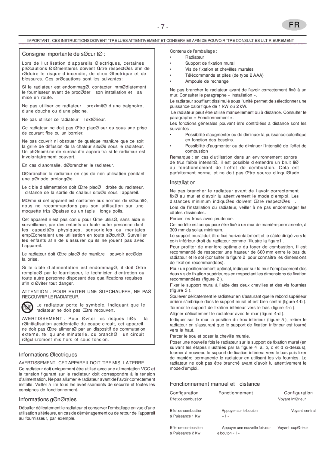 Faber PRS20 manual Consigne importante de sécurité, Informations électriques, Informations générales 