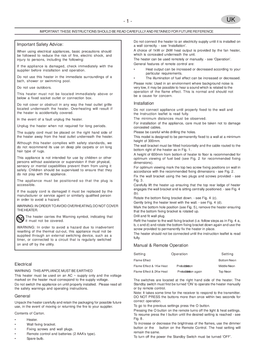 Faber PRS20 manual Important Safety Advice, Electrical, General, Installation, Manual & Remote Operation 