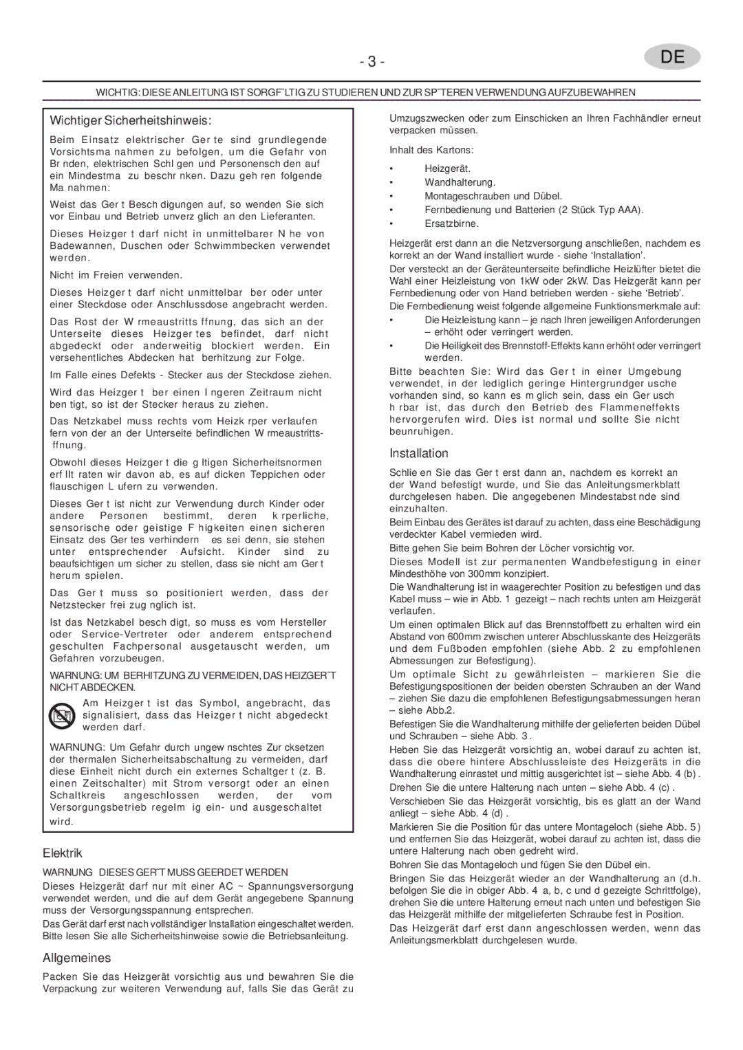 Faber PRS20 manual Wichtiger Sicherheitshinweis, Elektrik, Allgemeines, Wird, Warnung Dieses Gerät Muss Geerdet Werden 