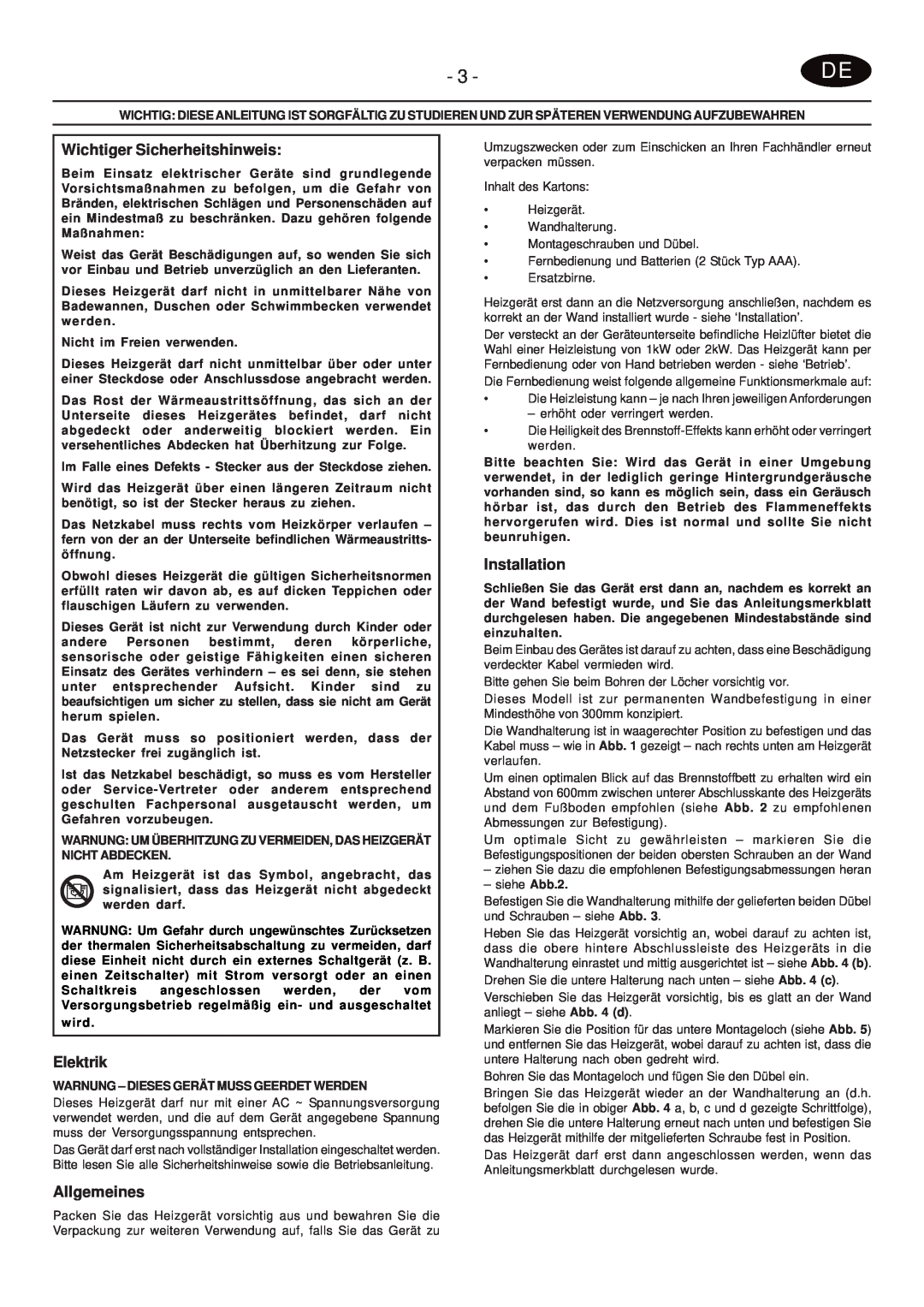 Faber PRS20 manual Wichtiger Sicherheitshinweis, Elektrik, Allgemeines, Installation, wird 