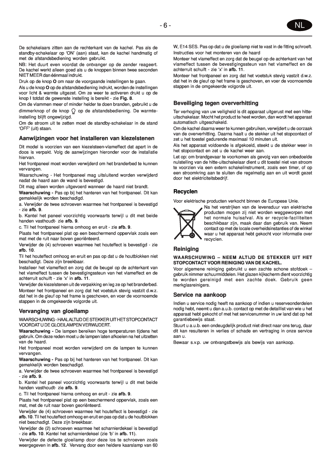 Faber PRS20 manual Vervanging van gloeilamp, Beveiliging tegen oververhitting, Reiniging, Service na aankoop, Recyclen 