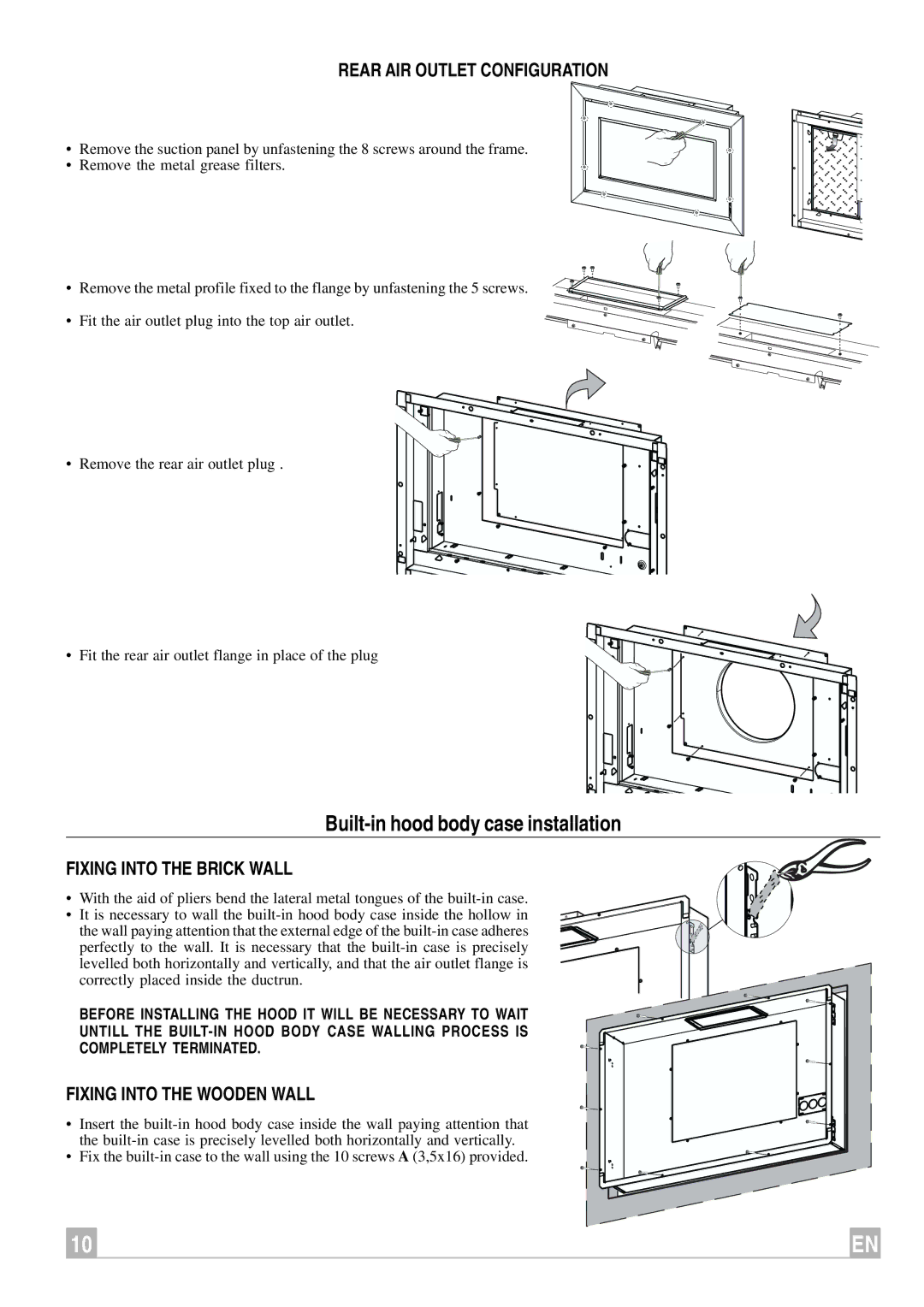 Faber Remote Blower Built-in hood body case installation, Rear AIR Outlet Configuration, Fixing Into the Brick Wall 