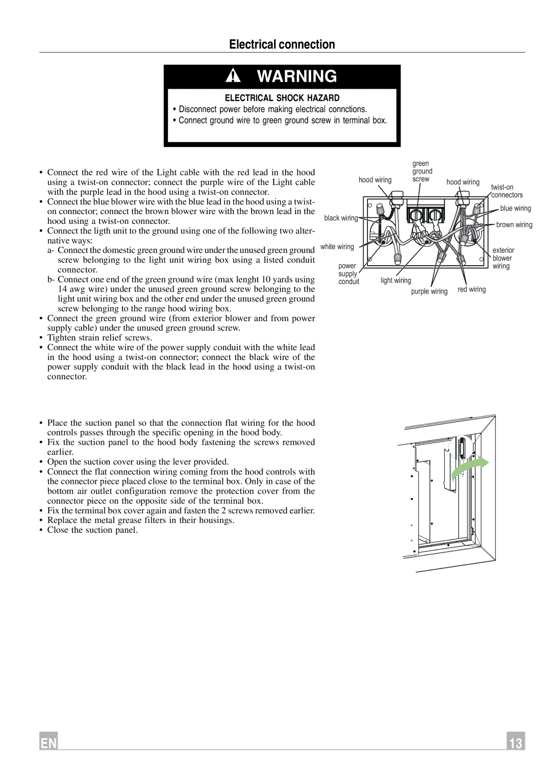 Faber Remote Blower instruction manual Electrical connection, Electrical Shock Hazard 