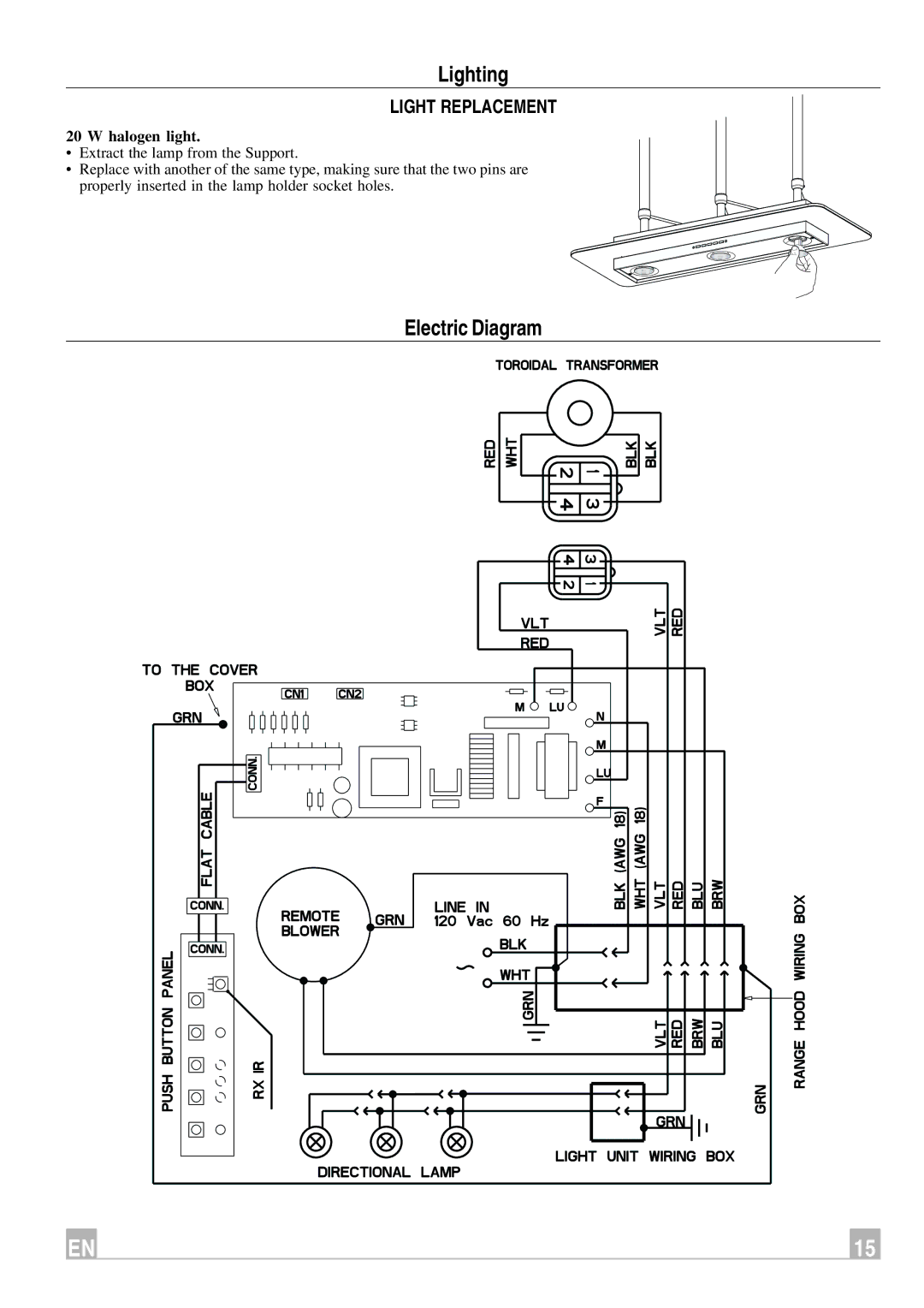 Faber Remote Blower instruction manual Lighting, Electric Diagram, Light Replacement 