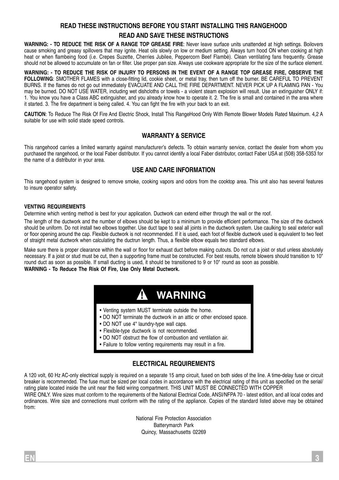 Faber Remote Blower instruction manual Warranty & Service, USE and Care Information, Electrical Requirements 