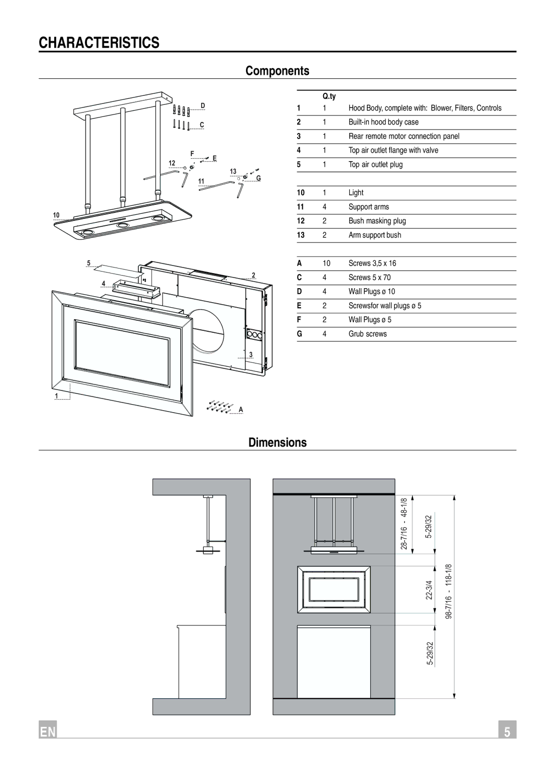 Faber Remote Blower instruction manual Components, Dimensions 