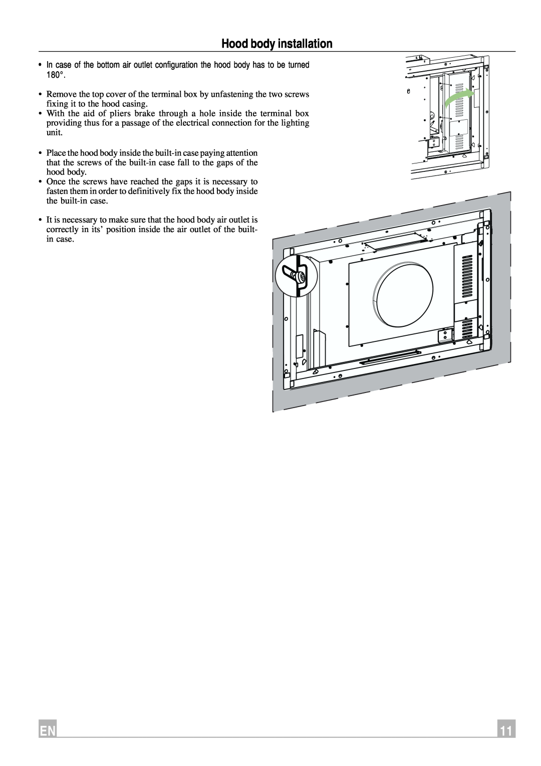 Faber Remote Blower instruction manual Hood body installation 
