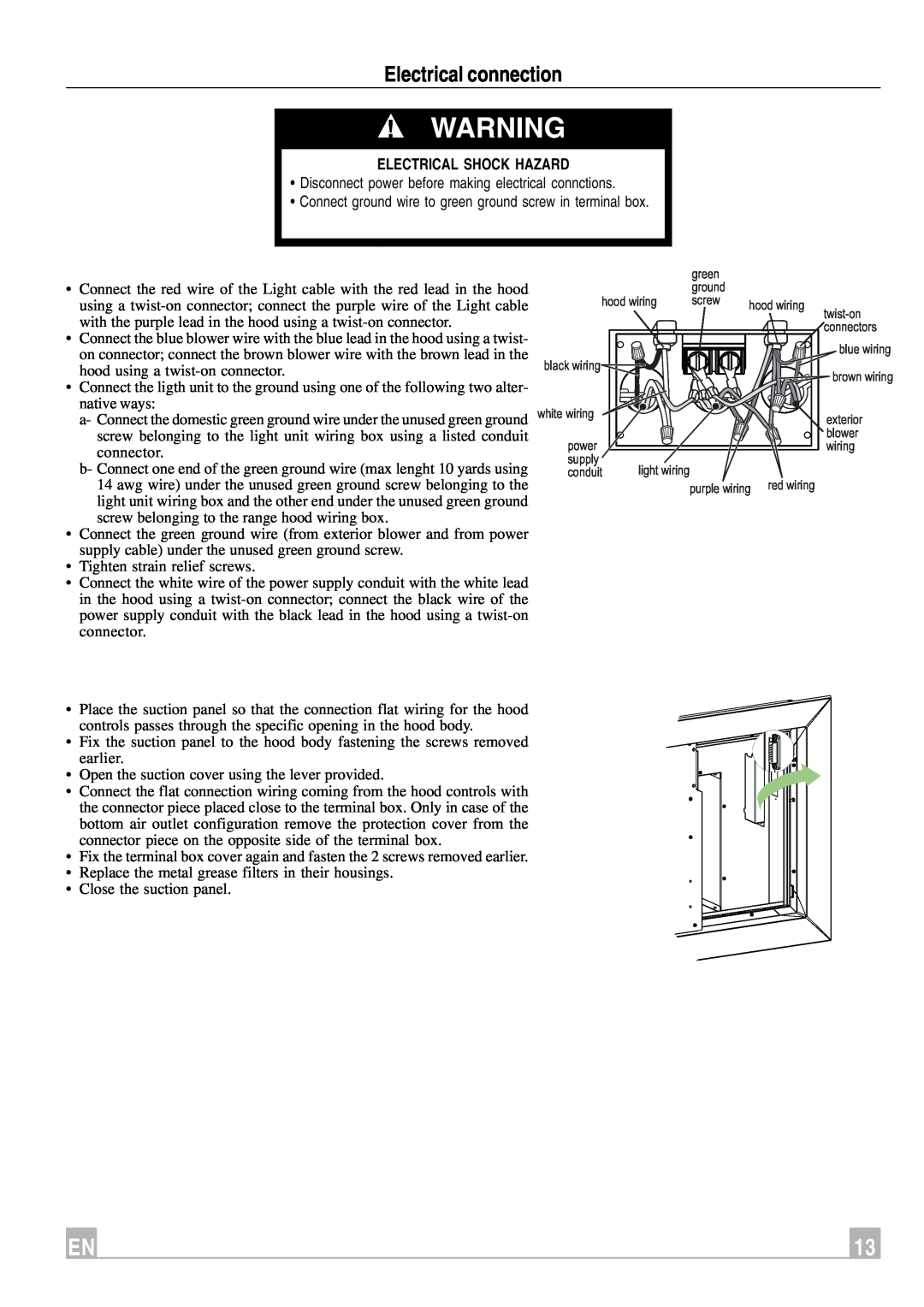 Faber Remote Blower instruction manual Electrical connection, Electrical Shock Hazard 