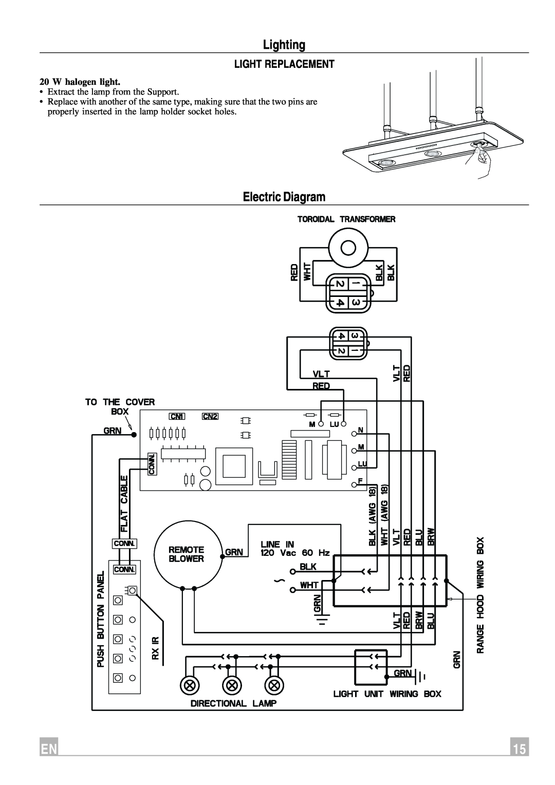 Faber Remote Blower instruction manual Lighting, Electric Diagram, Light Replacement, W halogen light 
