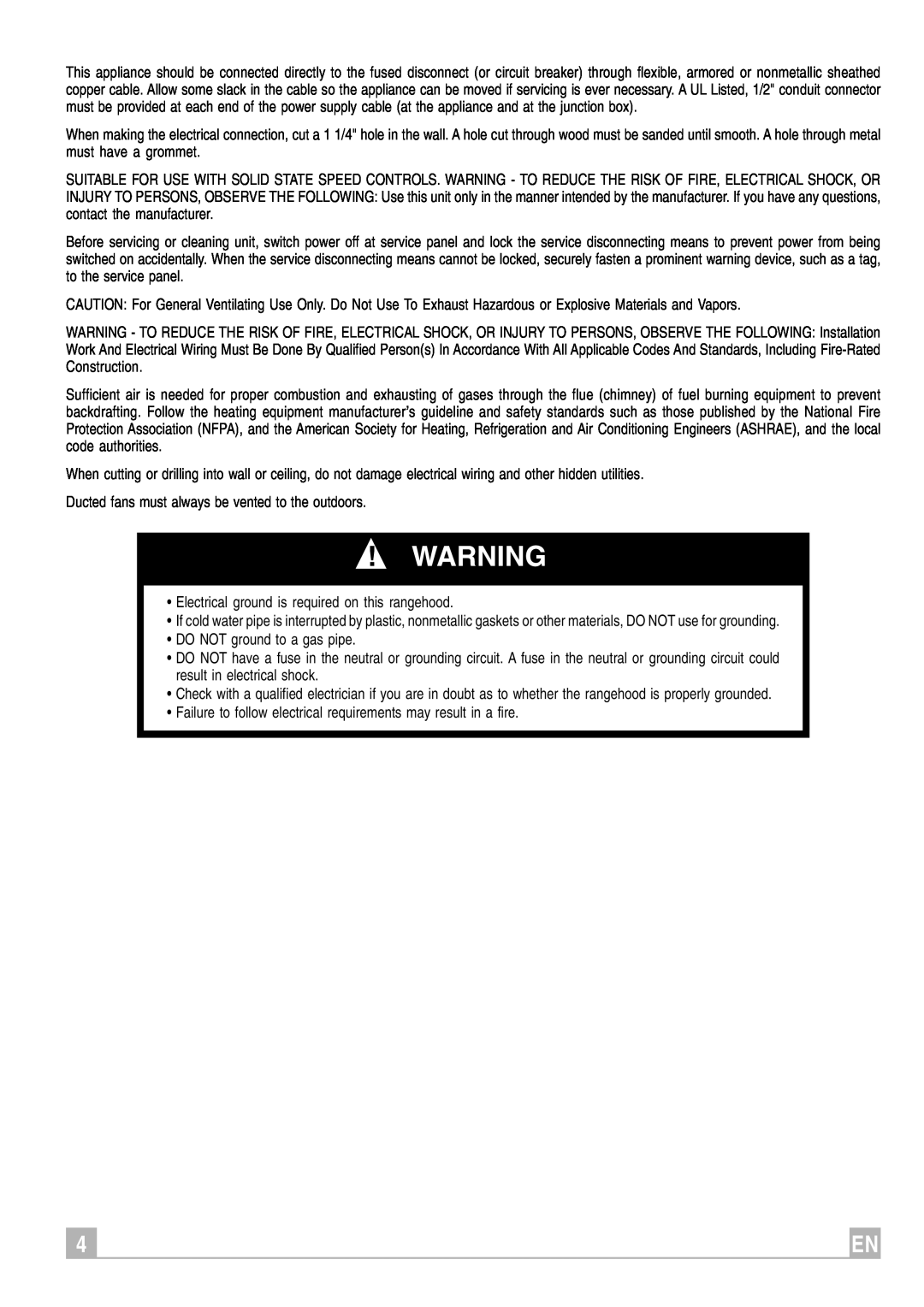 Faber Remote Blower instruction manual Ducted fans must always be vented to the outdoors 