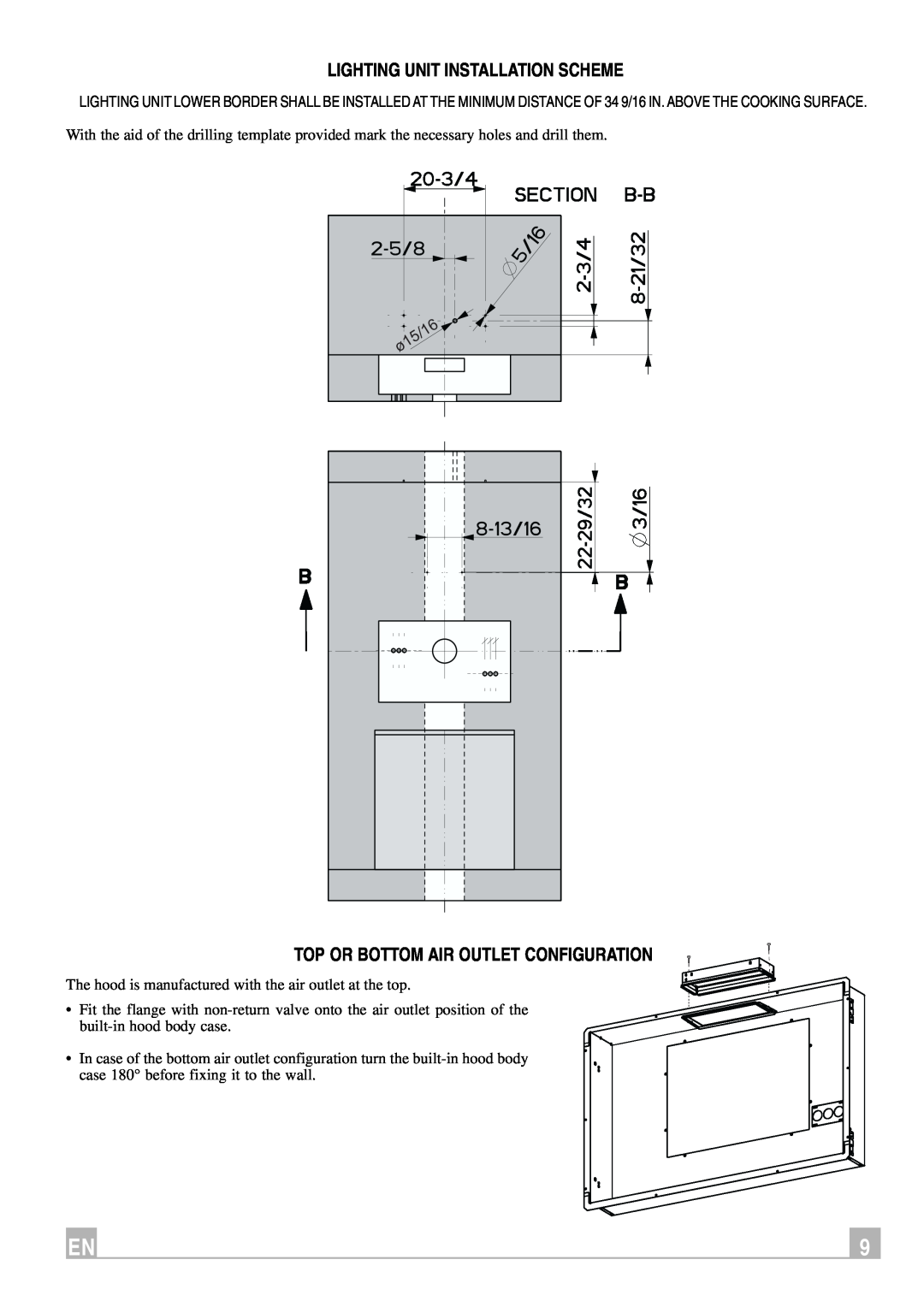Faber Remote Blower instruction manual Lighting Unit Installation Scheme, Top Or Bottom Air Outlet Configuration 
