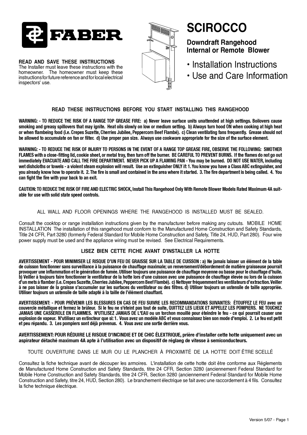 Faber Scirocco Downdraft Rangehood installation instructions Lisez Bien Cette Fiche Avant Dinstaller LA Hotte 