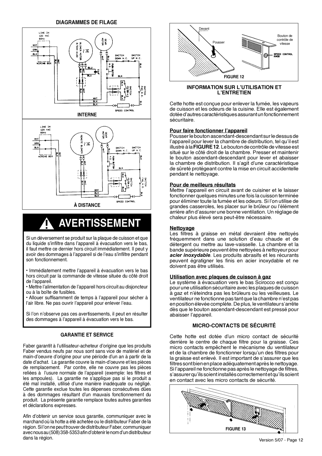 Faber Scirocco Downdraft Rangehood Diagrammes DE Filage, Garantie ET Service, Information SUR L’UTILISATION ET ’ENTRETIEN 