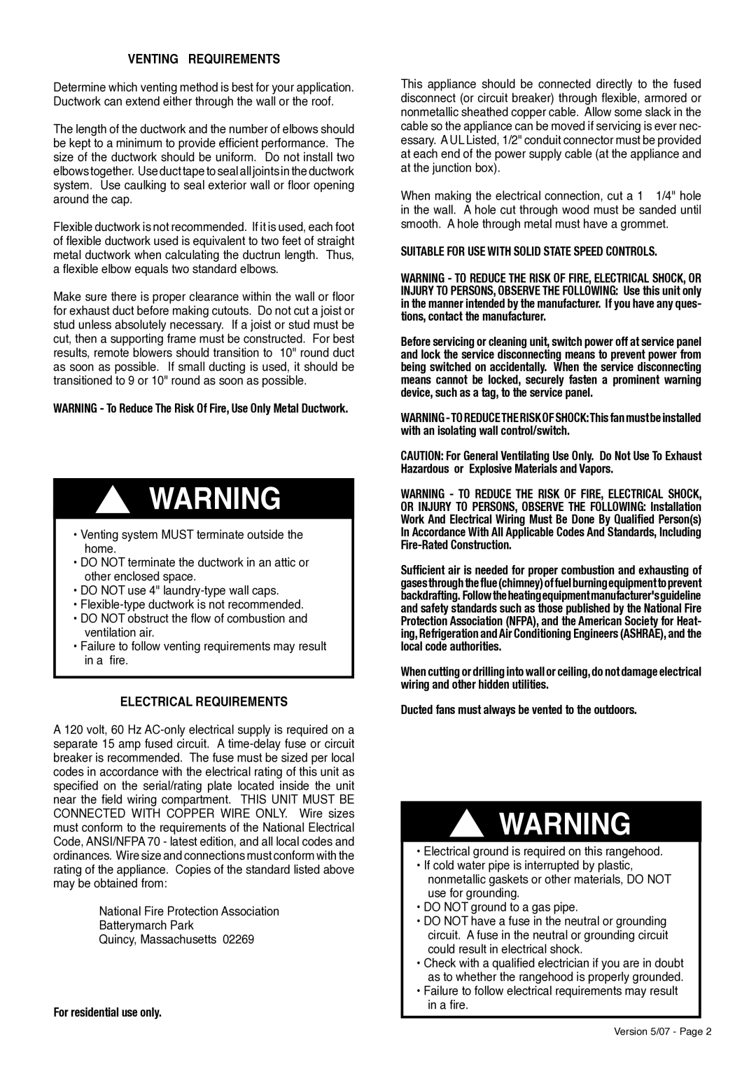 Faber Scirocco Downdraft Rangehood installation instructions Venting Requirements, Electrical Requirements 