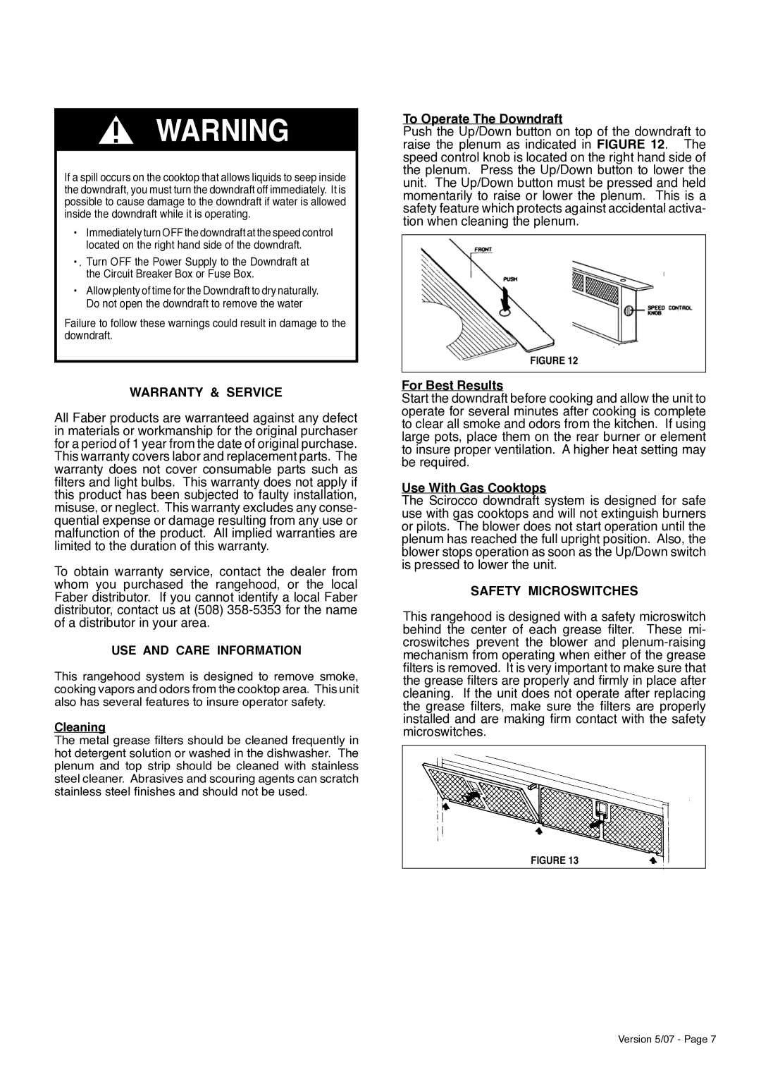 Faber Scirocco Downdraft Rangehood Warranty & Service, USE and Care Information, Safety Microswitches 