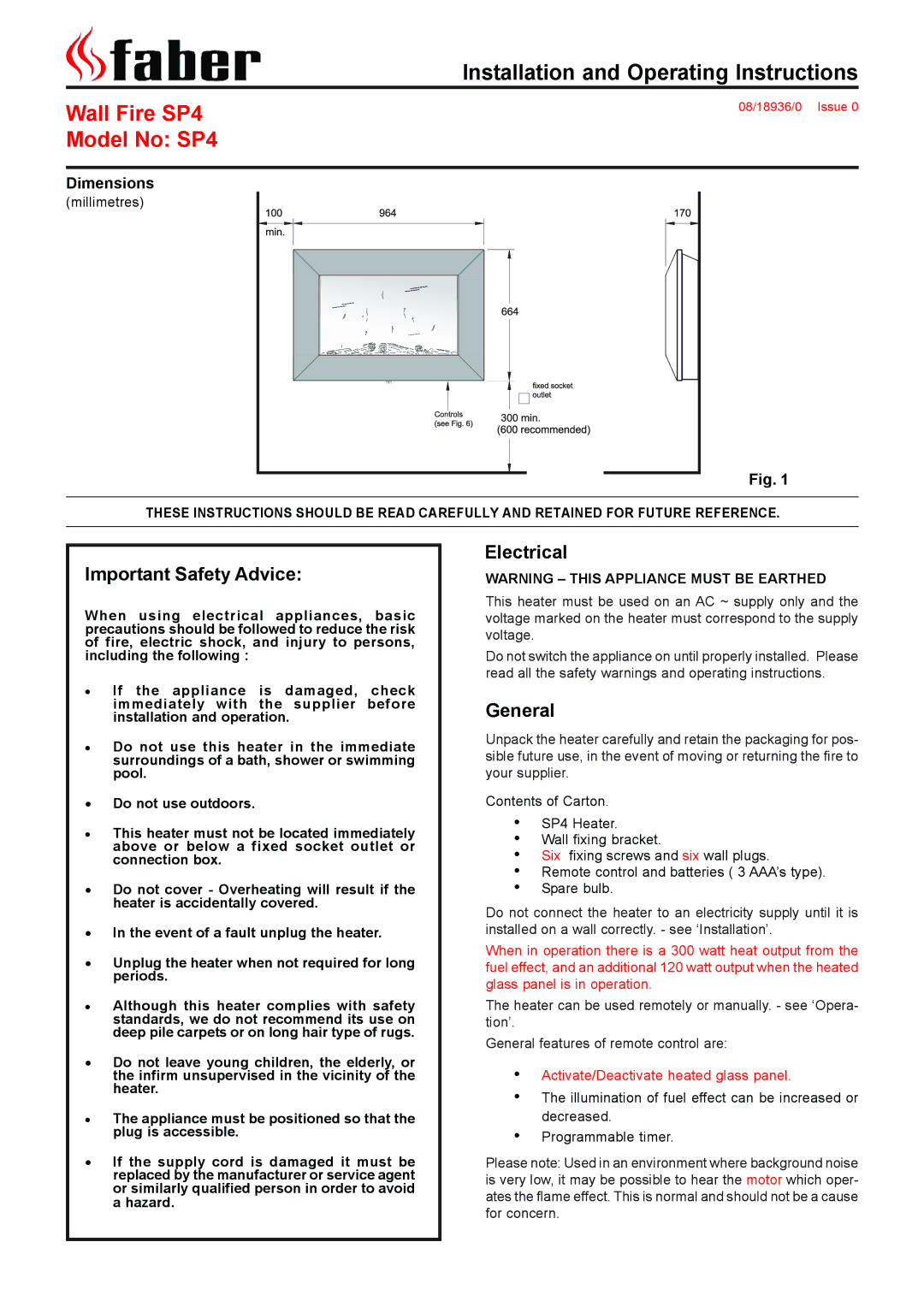 Faber SP4 dimensions Important Safety Advice, Electrical, General, Dimensions 