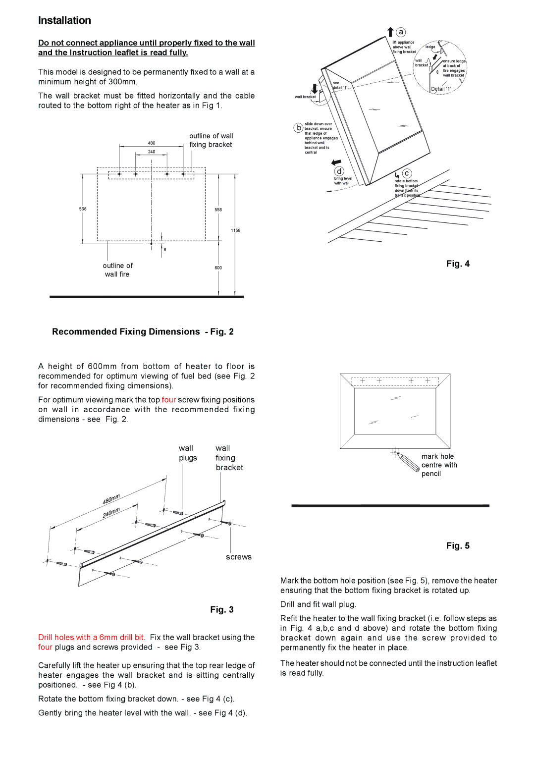 Faber SP4 dimensions Installation, Recommended Fixing Dimensions Fig 