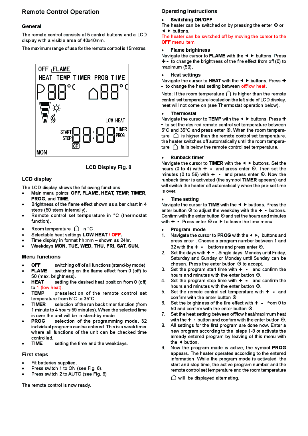 Faber SP4 dimensions Remote Control Operation 