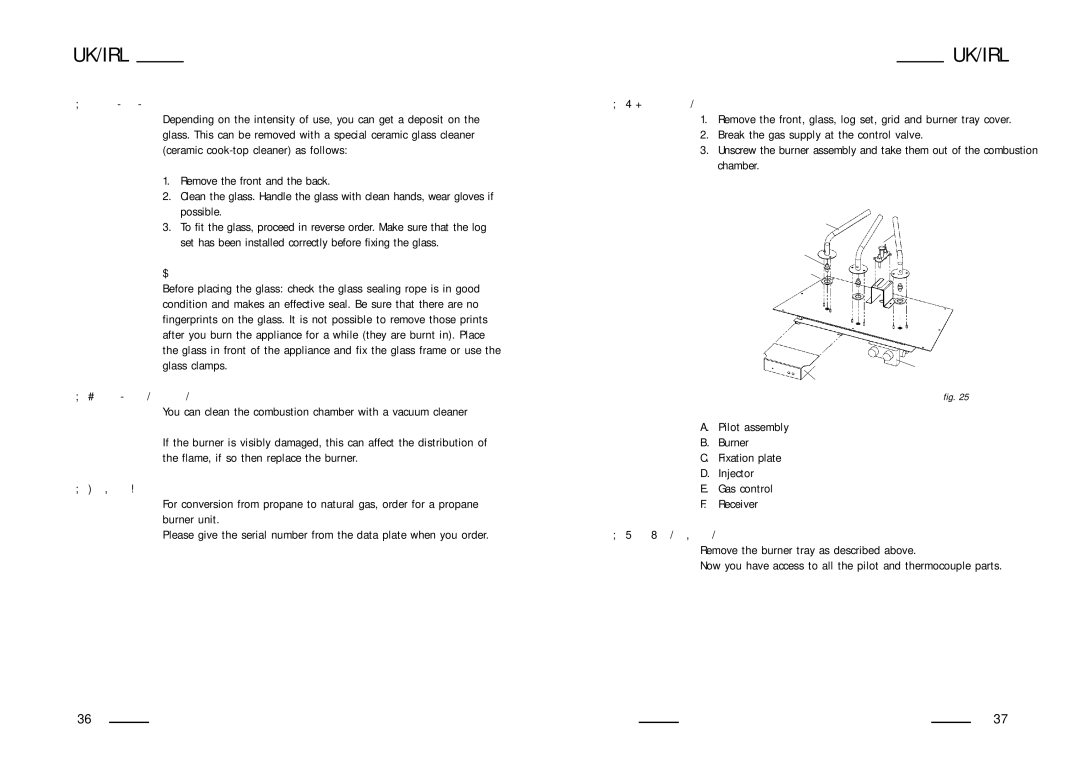 Faber SILENCE Cleaning the glass, Cleaning the combustion chamber and burner, Propane conversion, Burner tray assembly 