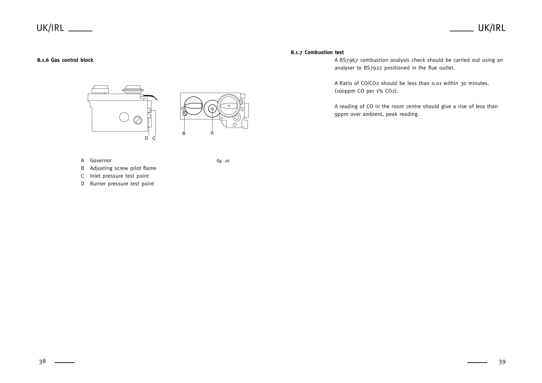 Faber MISTY, SPECTRA NOVA, WHISPER, SILENCE, FEELING, CADRA NOVA user manual Combustion test, Gas control block 