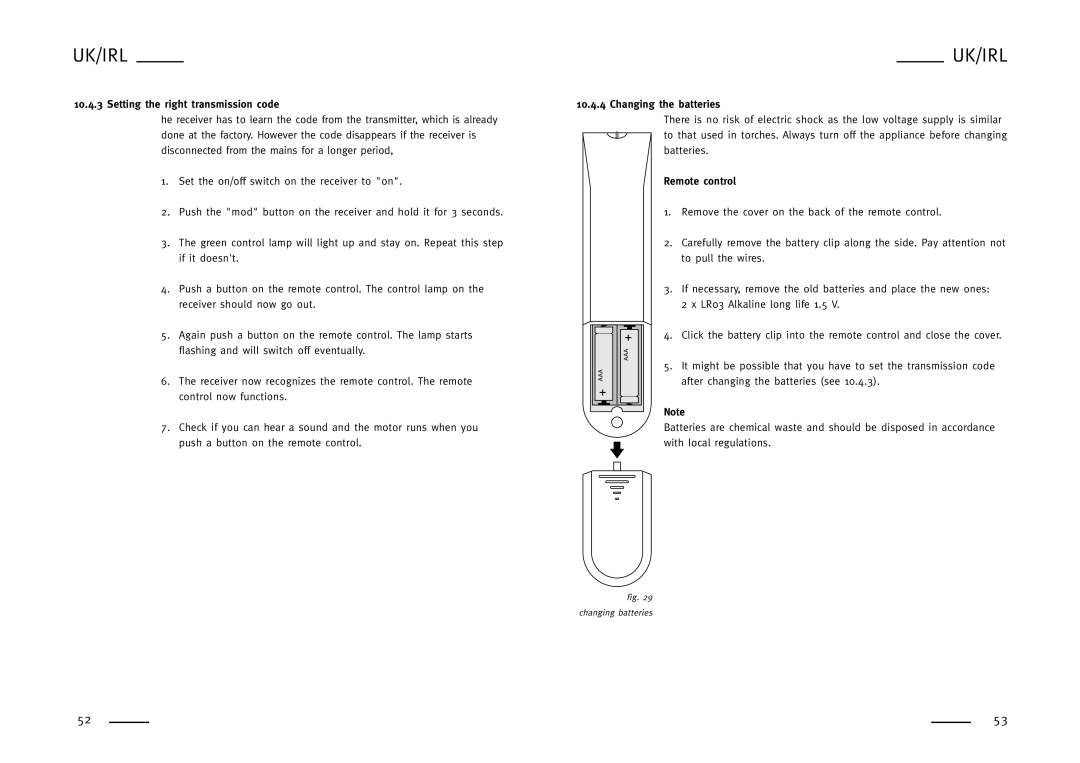 Faber FEELING, SPECTRA NOVA, WHISPER, SILENCE, MISTY, CADRA NOVA user manual Changing the batteries, Remote control 