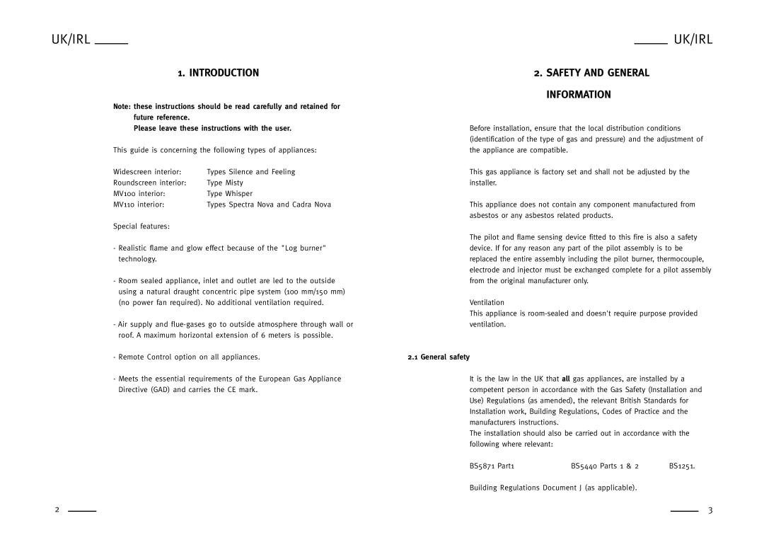 Faber MISTY, SPECTRA NOVA, WHISPER, SILENCE Introduction, Please leave these instructions with the user, General safety 