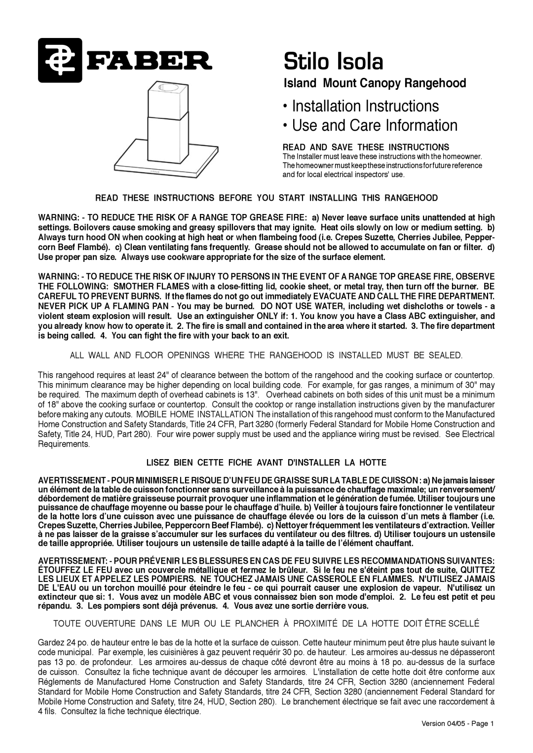 Faber Stilo Isola installation instructions Read and Save These Instructions 