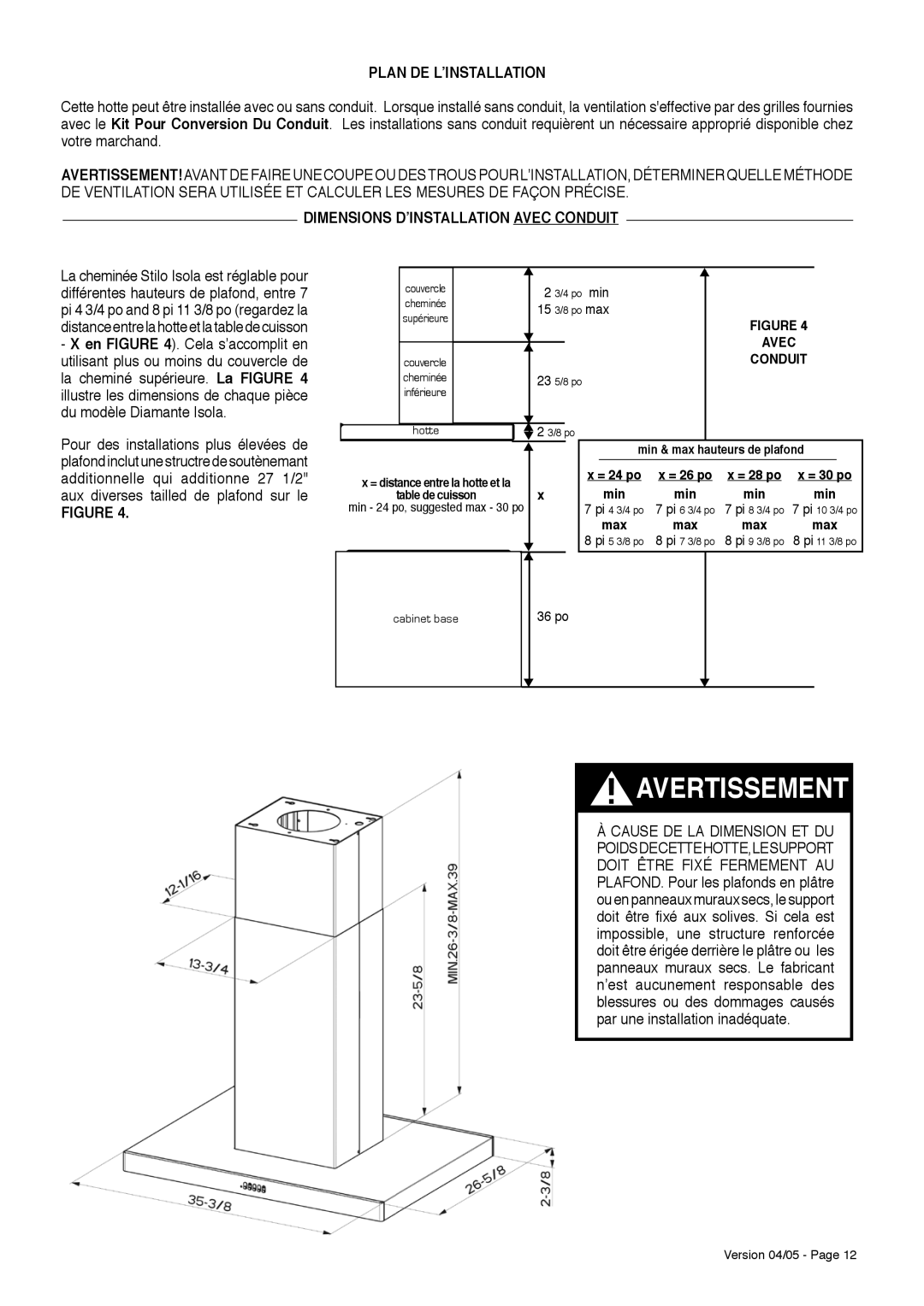 Faber Stilo Isola installation instructions Plan DE LʼINSTALLATION, Dimensions DʼINSTALLATION Avec Conduit, 36 po 