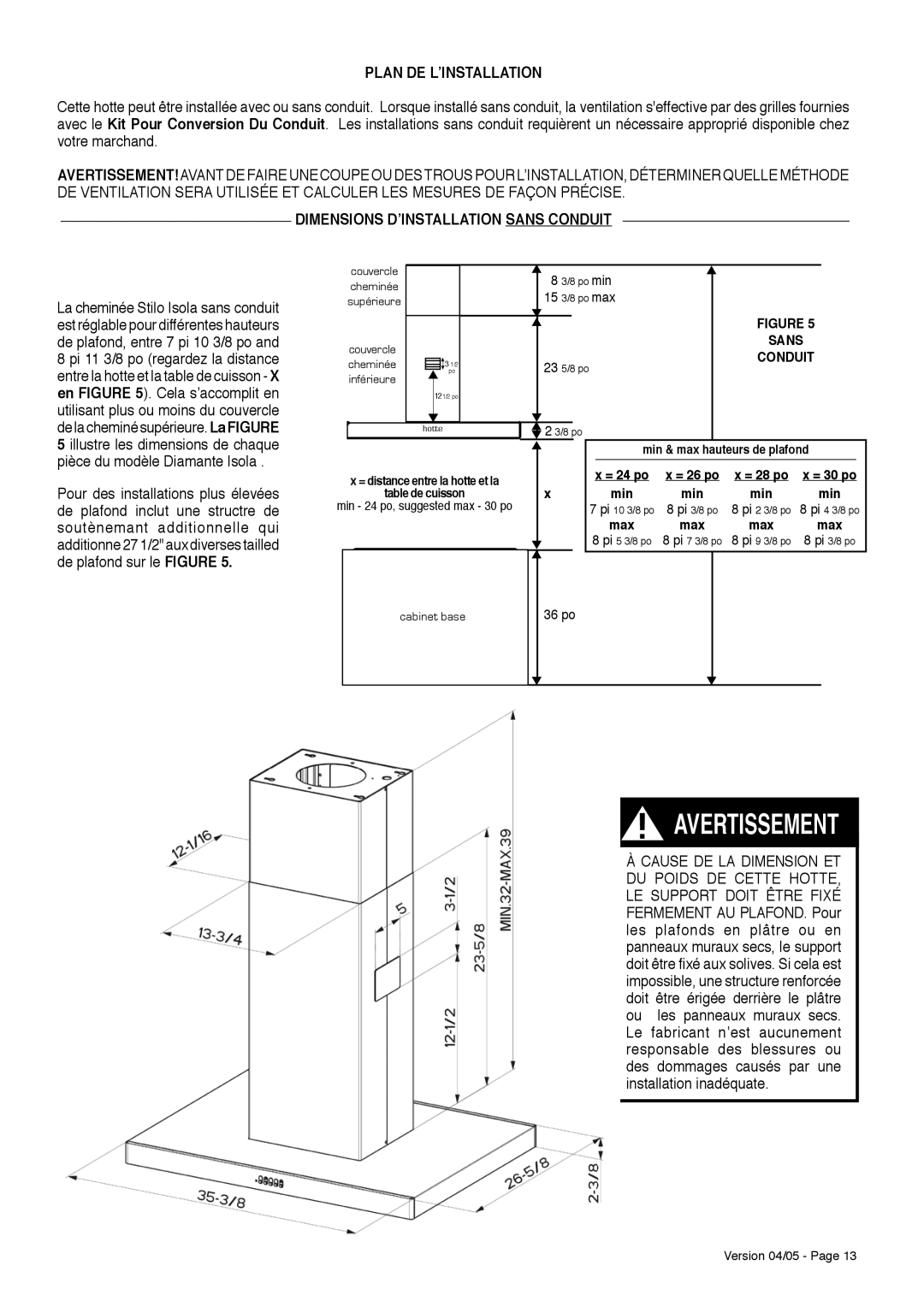 Faber Stilo Isola installation instructions Dimensions DʼINSTALLATION Sans Conduit, Table de cuisson 