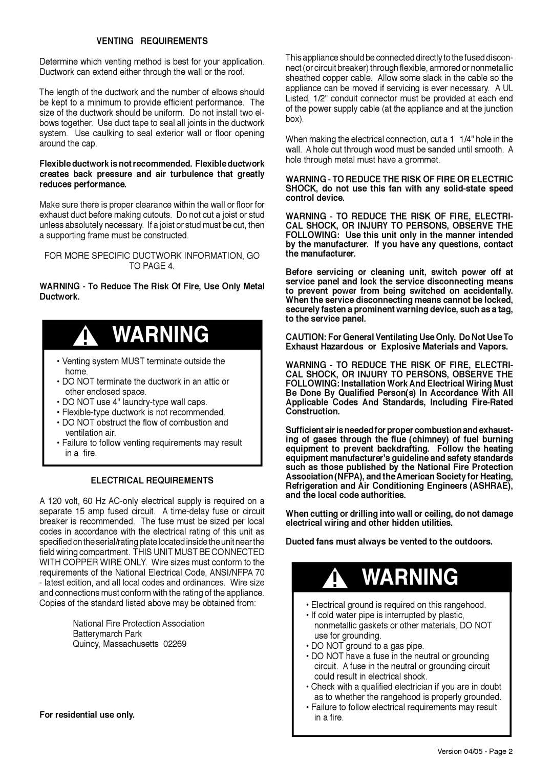 Faber Stilo Isola installation instructions Venting Requirements, Electrical Requirements, For residential use only 