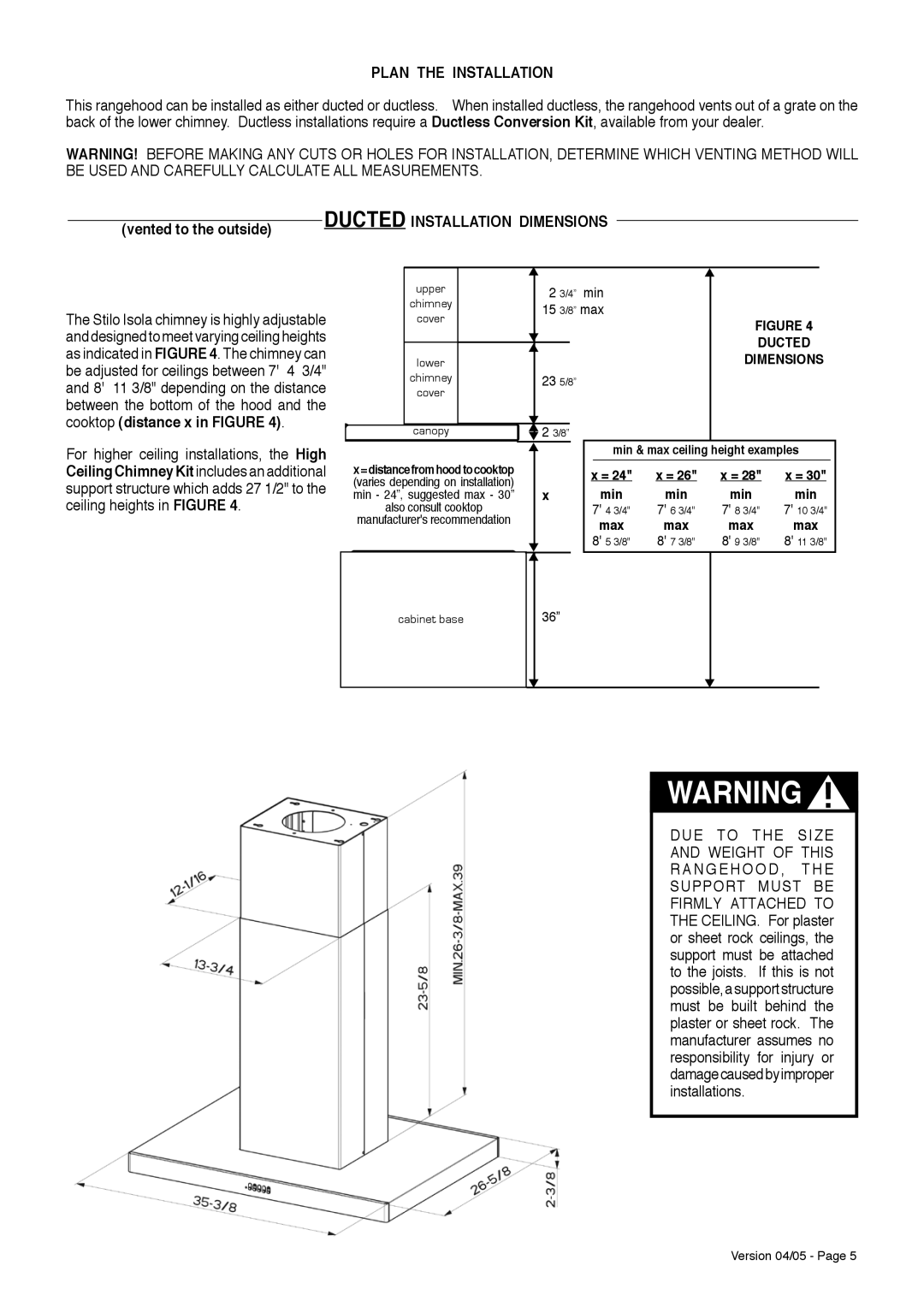 Faber Stilo Isola installation instructions Plan the Installation, Vented to the outside, Cooktop distance x in Figure, Min 