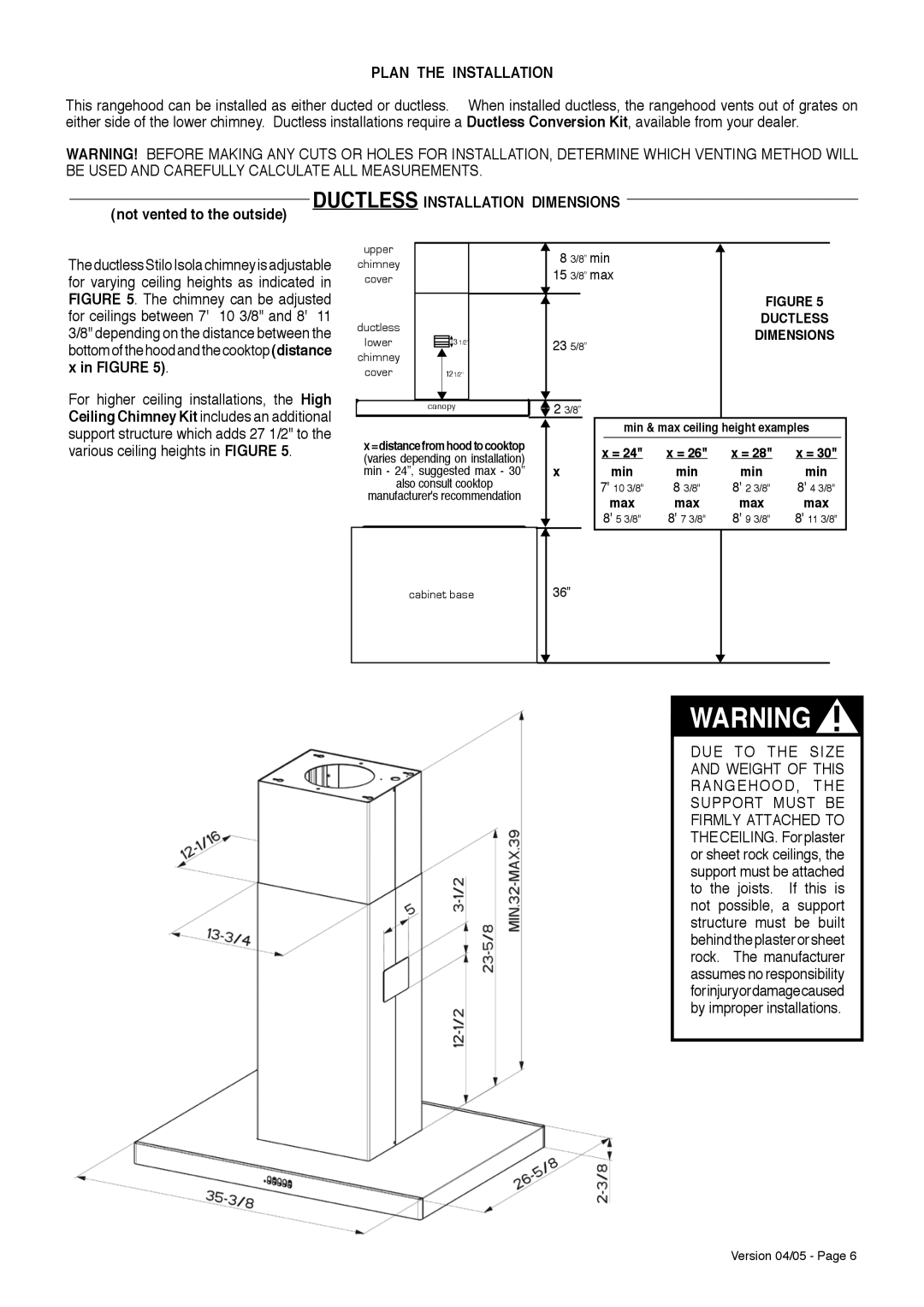 Faber Stilo Isola installation instructions Not vented to the outside, 8 min, 15 3/8 max 