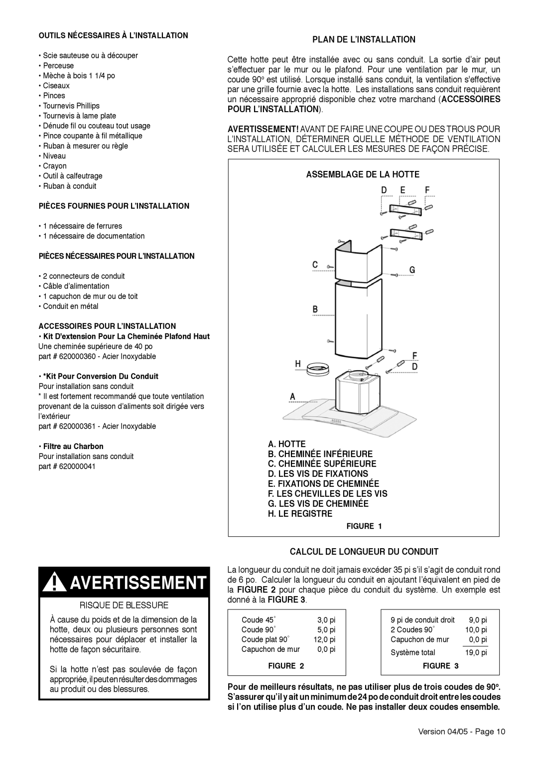 Faber TRATTO installation instructions Risque DE Blessure, Plan DE LʼINSTALLATION 