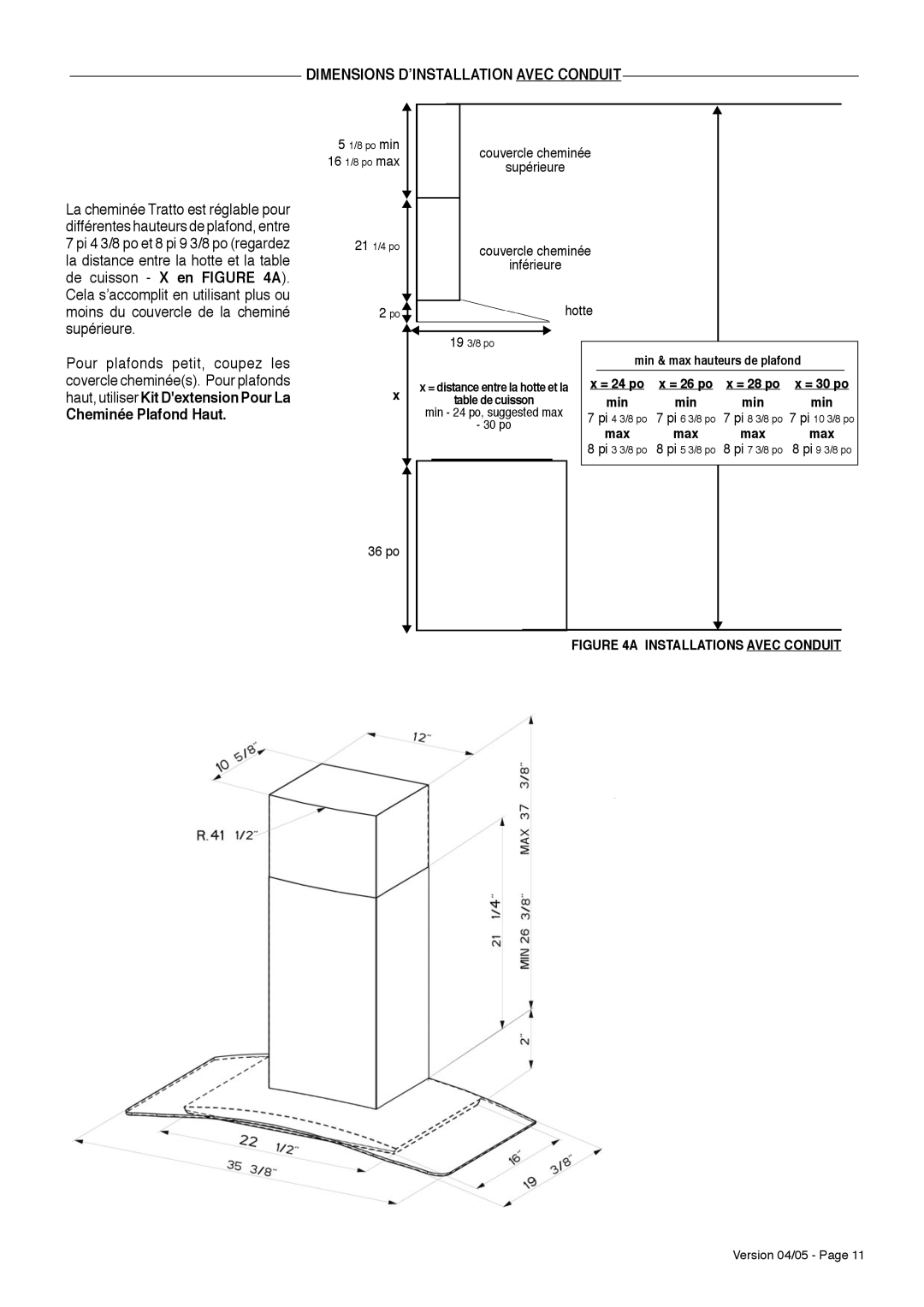 Faber TRATTO Dimensions DʼINSTALLATION Avec Conduit, Cheminée Plafond Haut, Couvercle cheminée, Hotte, 36 po 