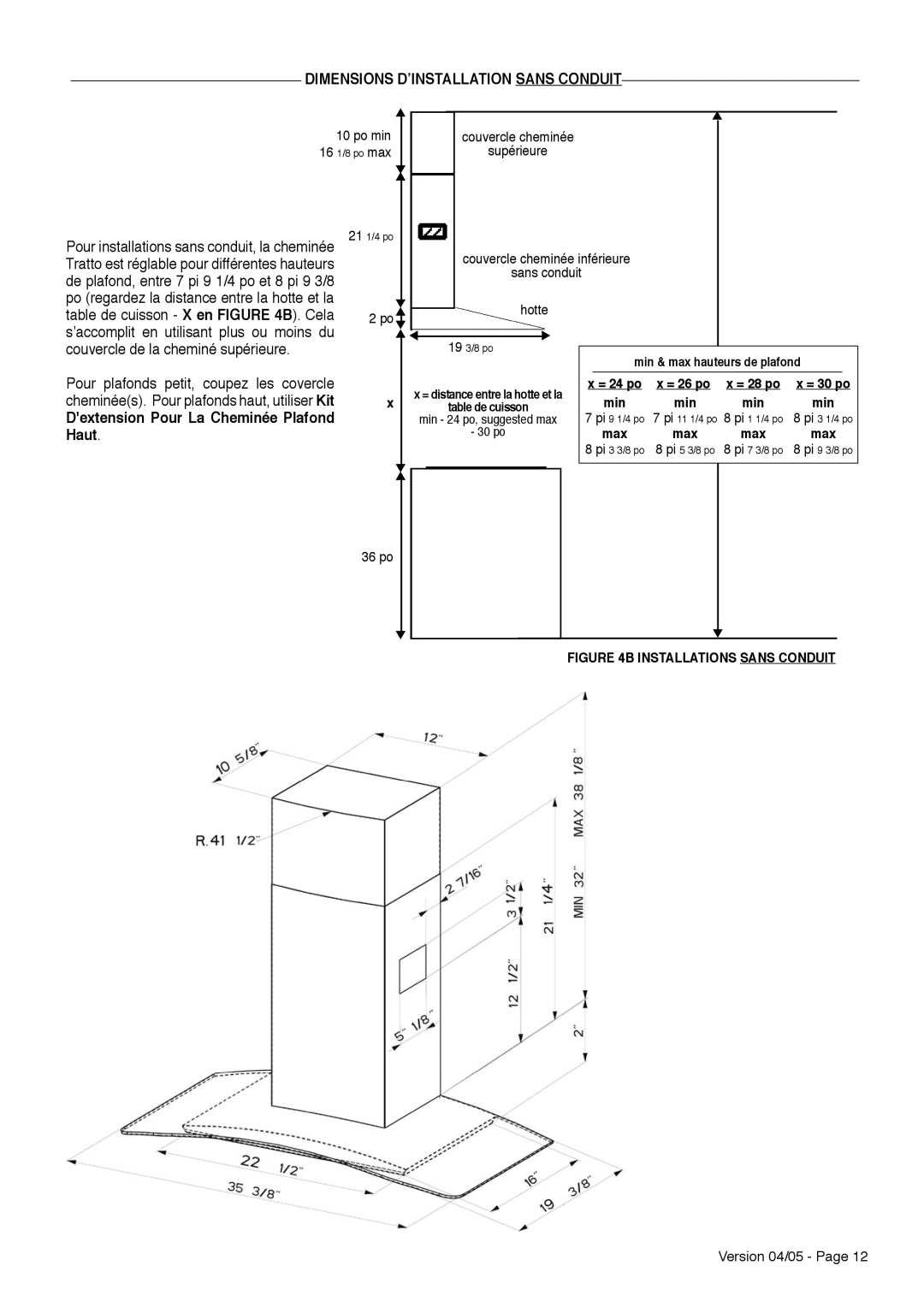 Faber TRATTO installation instructions Dimensions DʼINSTALLATION Sans Conduit, Dextension Pour La Cheminée Plafond Haut 