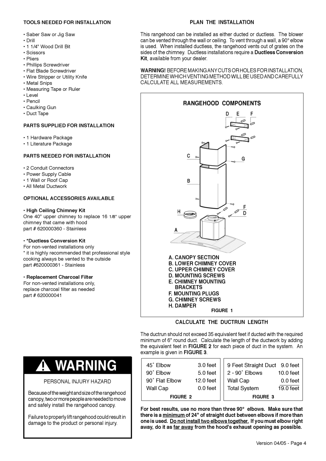 Faber TRATTO Plan the Installation, Personal Injury Hazard, Hardware Package Literature Package, Feet 