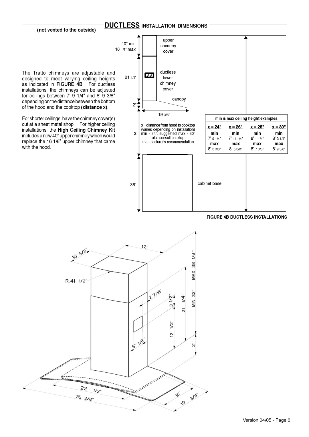 Faber TRATTO installation instructions Not vented to the outside, 10 min, Hood and the cooktop distance 