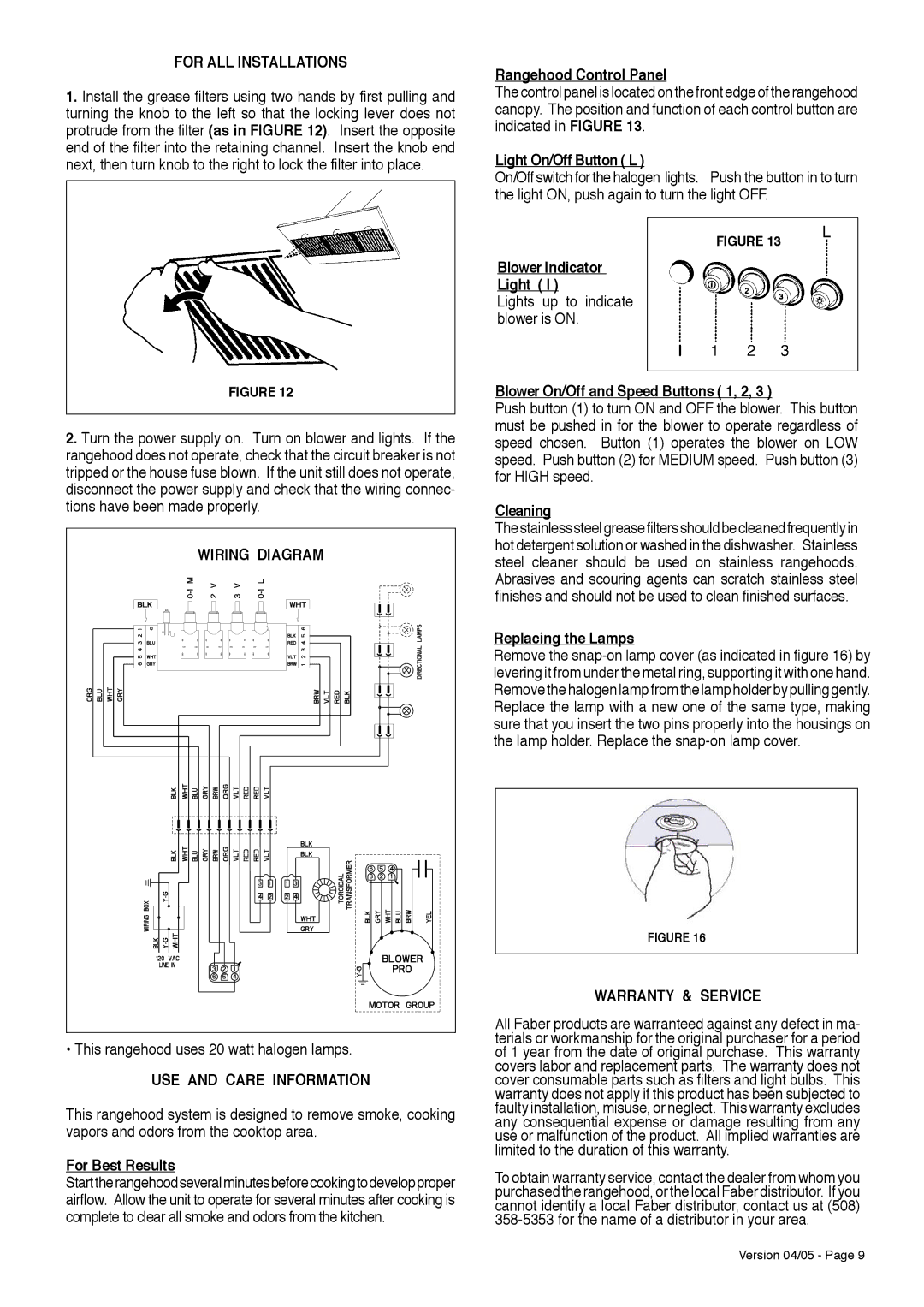 Faber TRATTO installation instructions USE and Care Information, Warranty & Service 