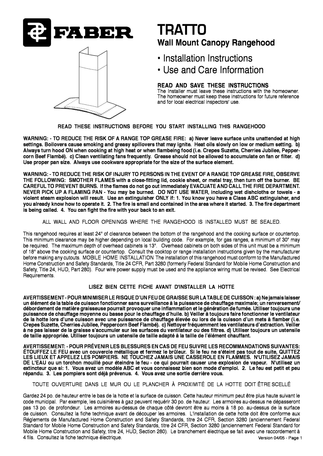 Faber TRATTO installation instructions Read And Save These Instructions, Lisez Bien Cette Fiche Avant Dinstaller La Hotte 