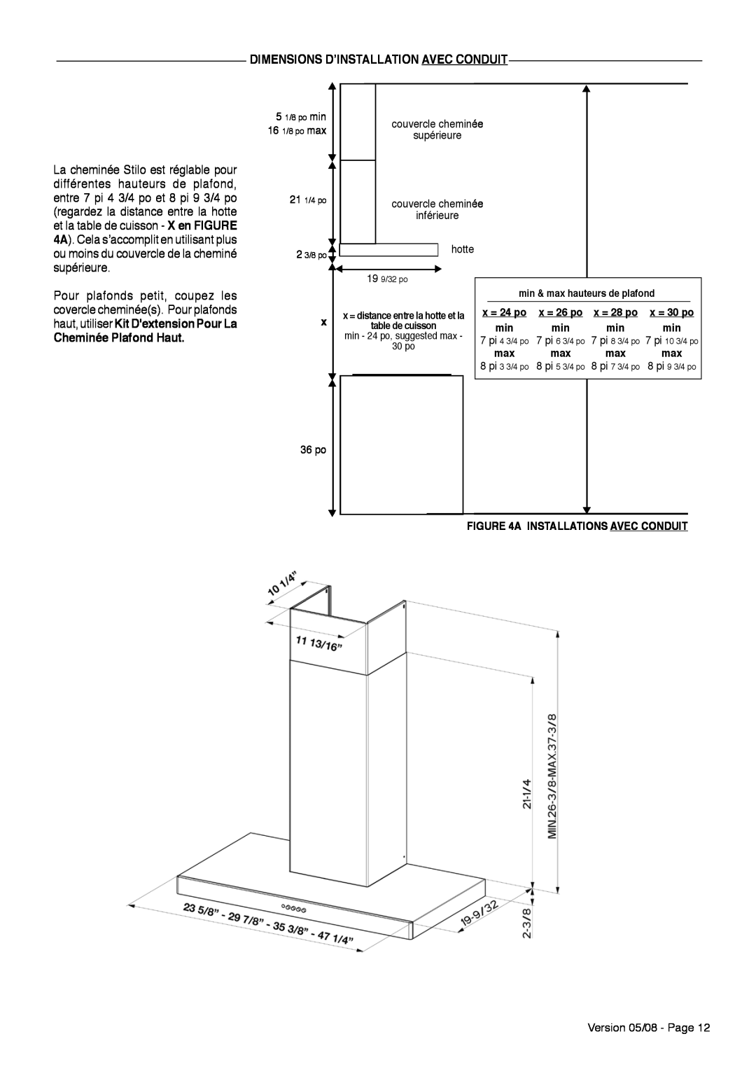 Faber Wall Mount Canopy Rangehood dimensions d’installatioN AVEC CONDUIT, Cheminée Plafond Haut, = 24 po, x = 26 po 
