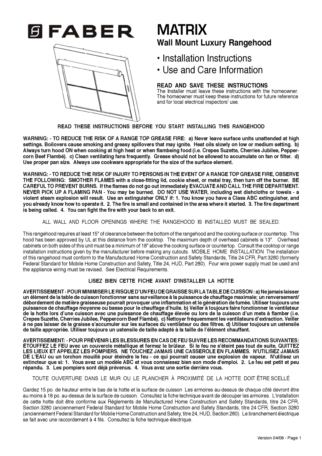 Faber Wall Mount Luxury Rangehood installation instructions Matrix, Lisez Bien Cette Fiche Avant Dinstaller LA Hotte 