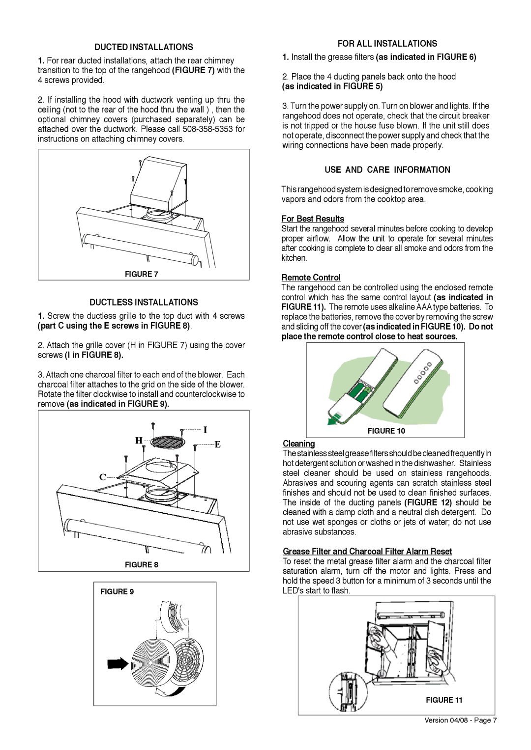 Faber Wall Mount Luxury Rangehood Ducted Installations, Ductless Installations, USE and Care Information 