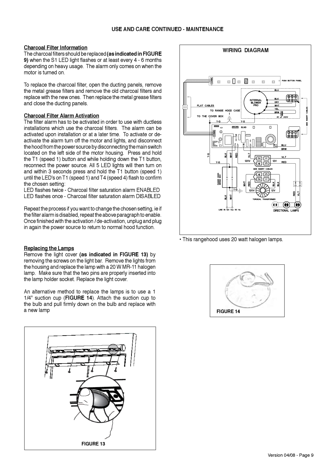 Faber Wall Mount Luxury Rangehood USE and Care Maintenance, Charcoal Filter Information, Charcoal Filter Alarm Activation 