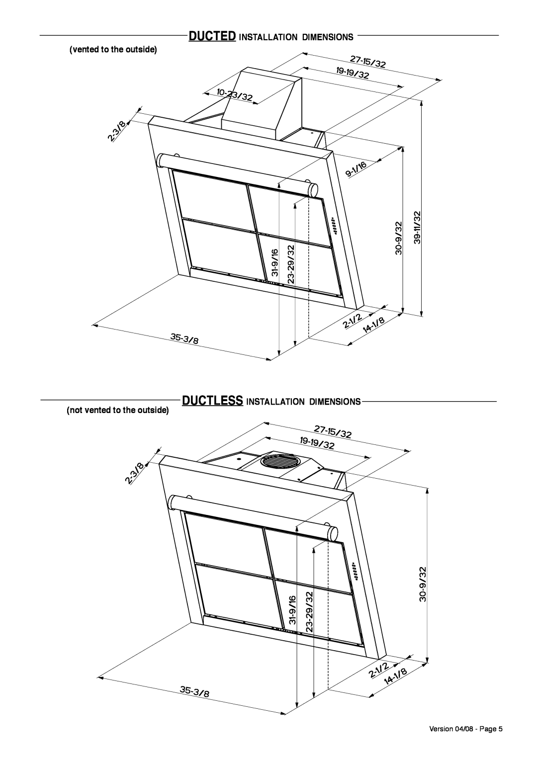 Faber Wall Mount Luxury Rangehood Ductedinstallation Dimensions, vented to the outside, Version 04/08 - Page 